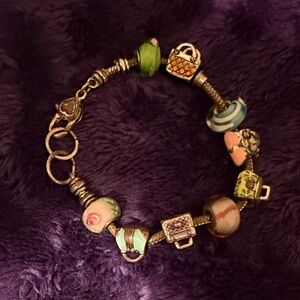 Charming Vintage Silver Bracelet with Mirano Glass & Purse-Shaped Charms